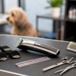 Professional dog grooming clippers with clipper guards, scissors, comb, and slicker brush on a grooming table