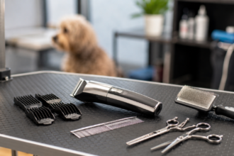 Professional dog grooming clippers with clipper guards, scissors, comb, and slicker brush on a grooming table
