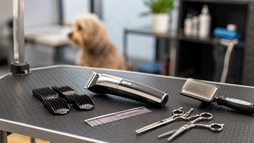 Professional dog grooming clippers with clipper guards, scissors, comb, and slicker brush on a grooming table