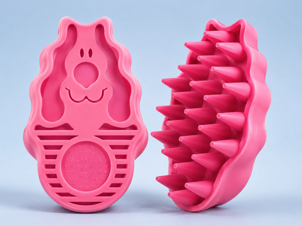 kong zoomgroom rubber curry brush pink silicone grooming brushes on display