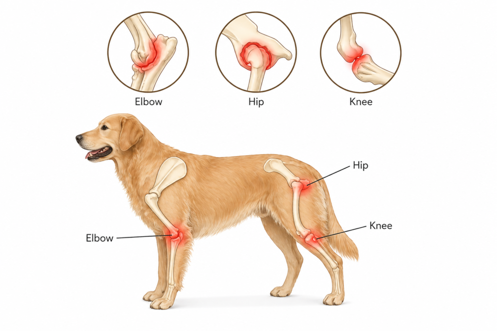 Canine anatomy with joint inflammation highlights