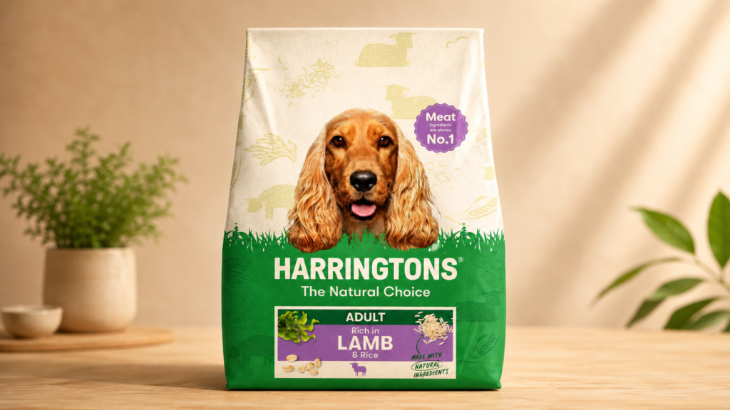 harringtons adult complete dog food natural dog food on wooden tabletop
