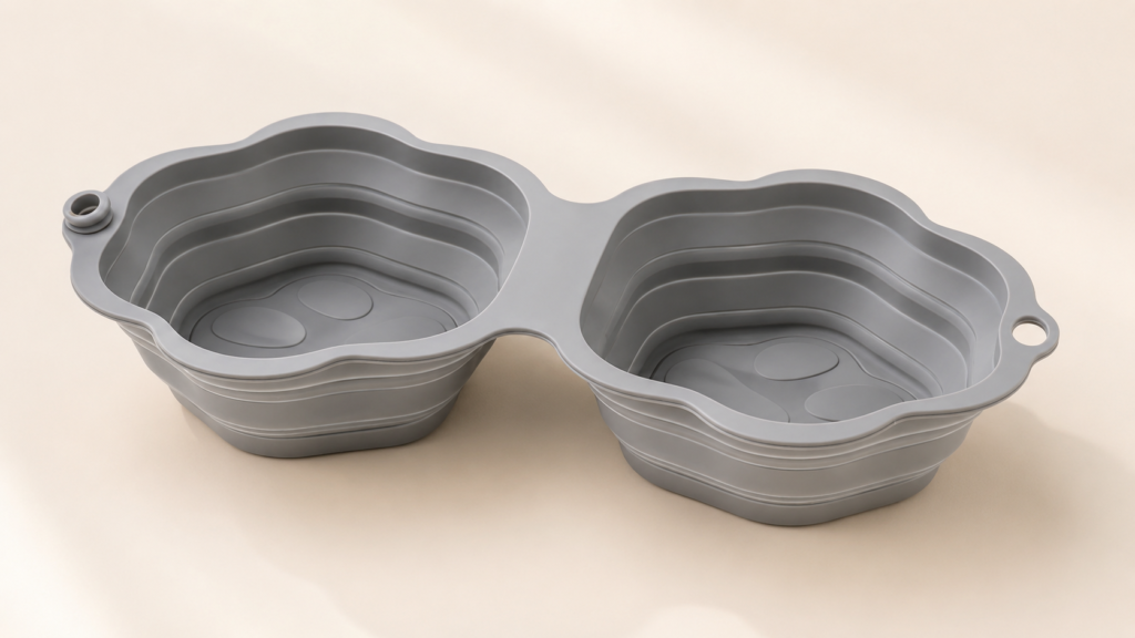 collapsible pet bowls on beige backdrop