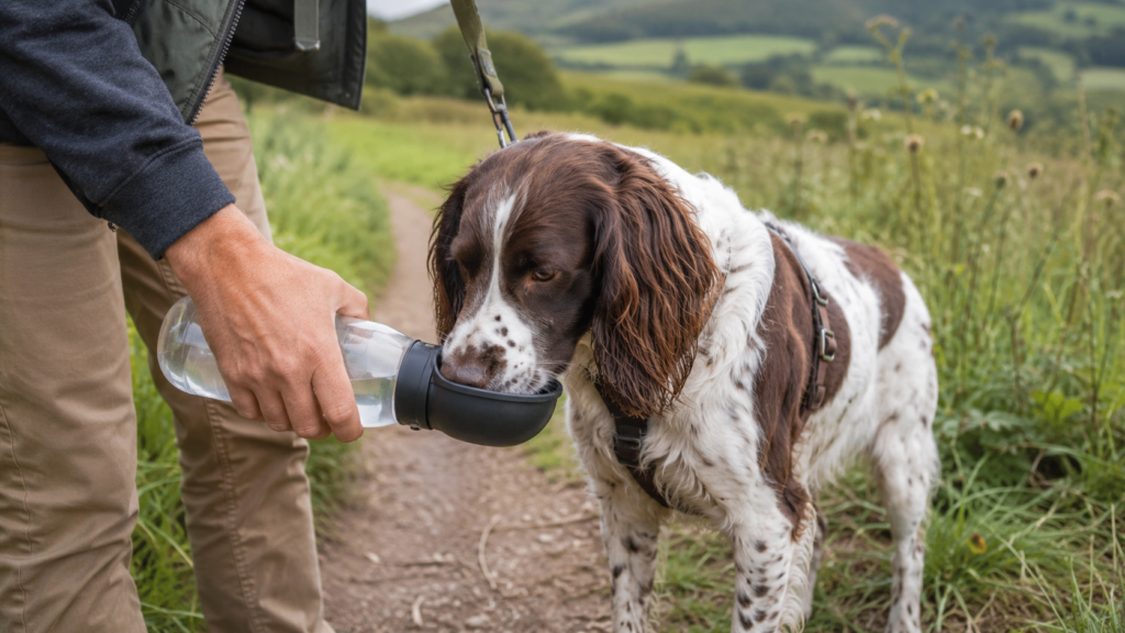 dog drinking from portable water bottle during a walk in the countryside
