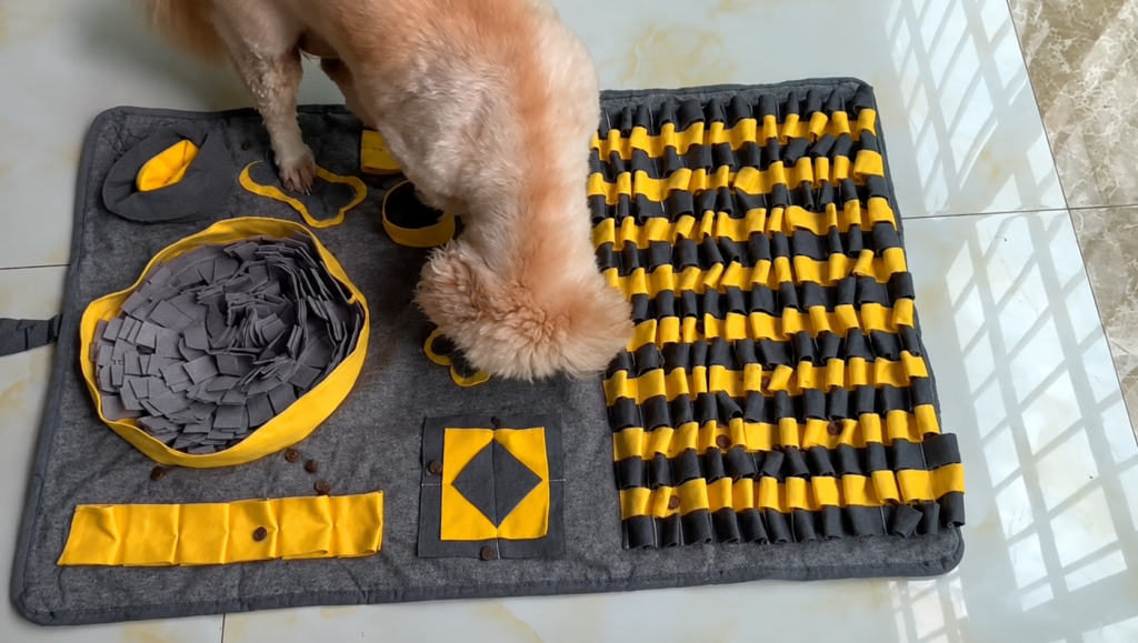 dog exploring snuffle mat textures
