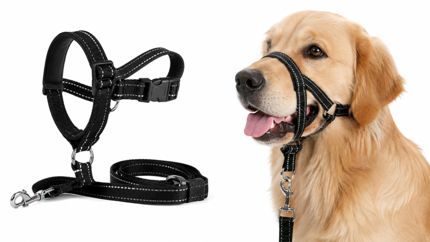 dog harness and leash in use