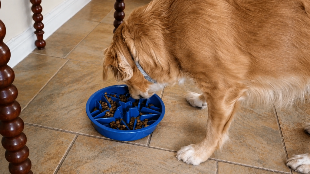 golden retriever enjoys mealtime with puzzle leashboss maze bowl