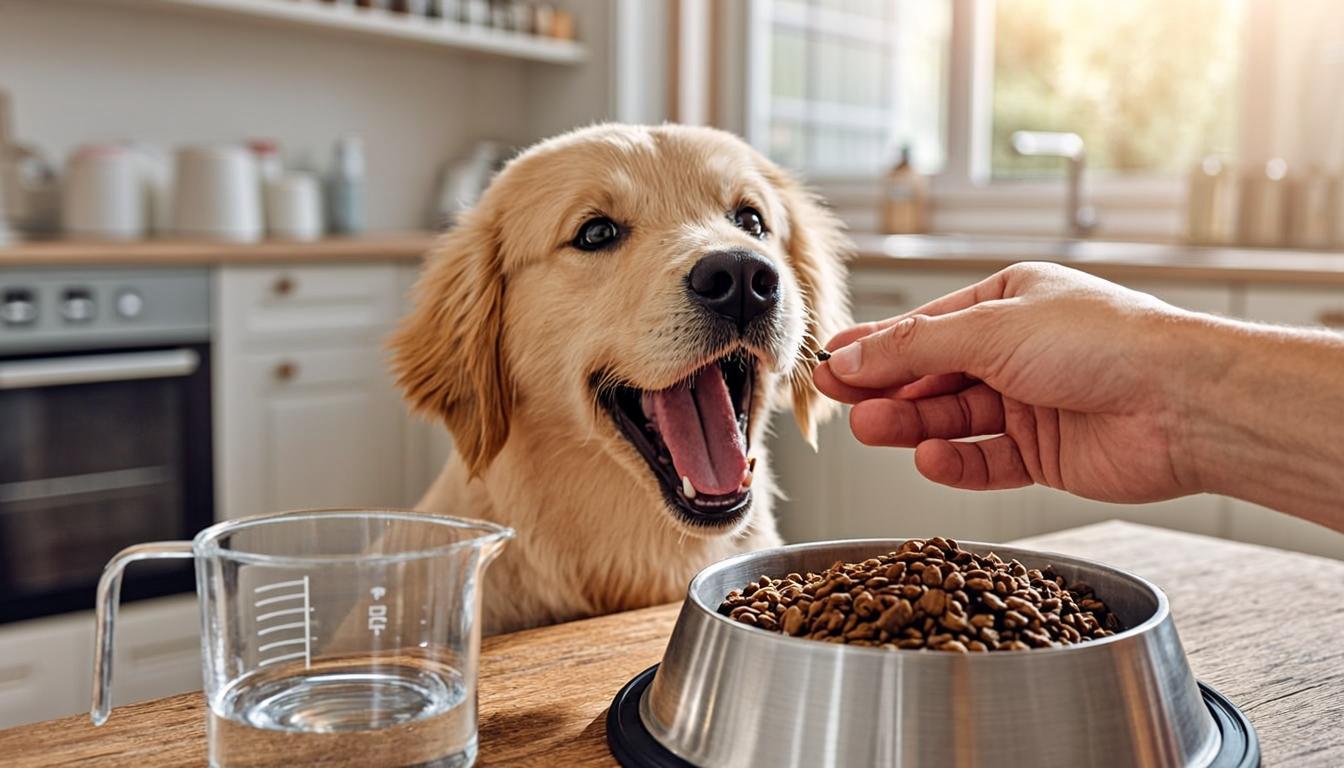Puppy feeding guide showing portion sizes and feeding schedule for growing puppies in the UK