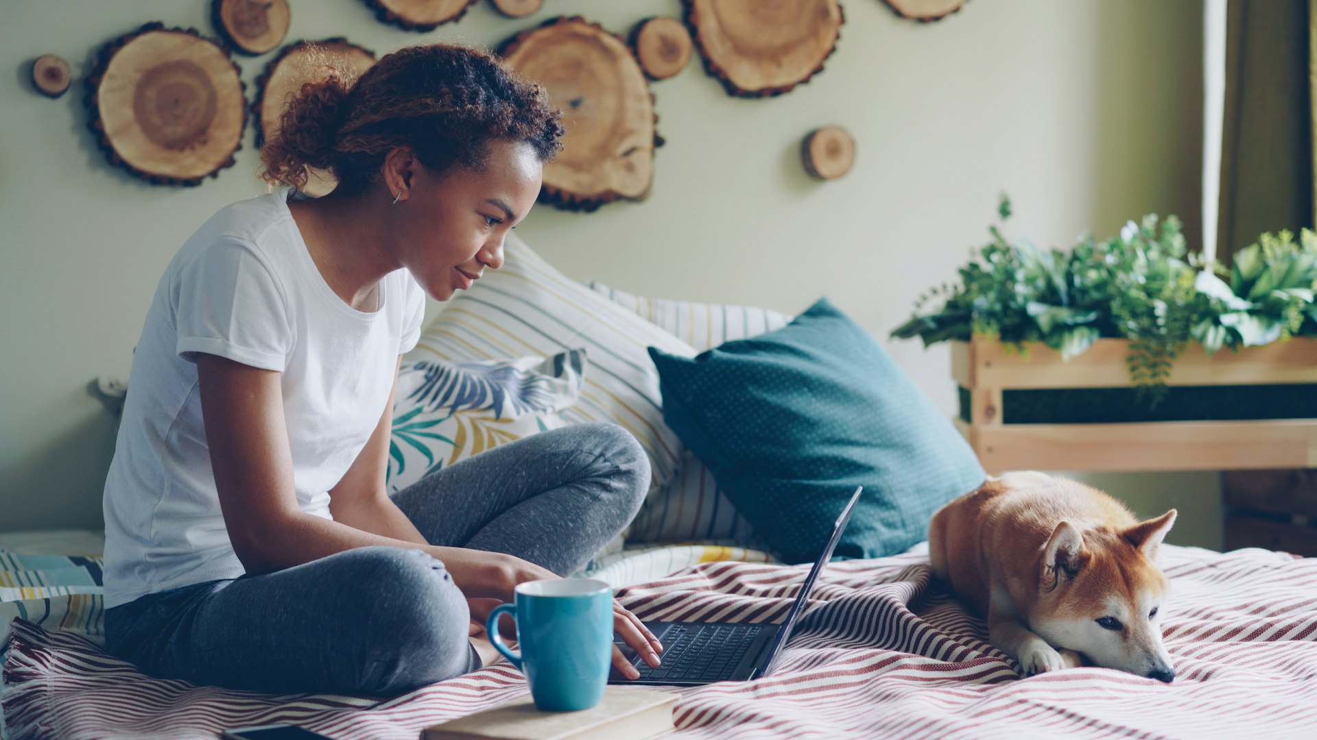 Young woman shopping online on laptop with adorable puppy lying nearby on bed at home