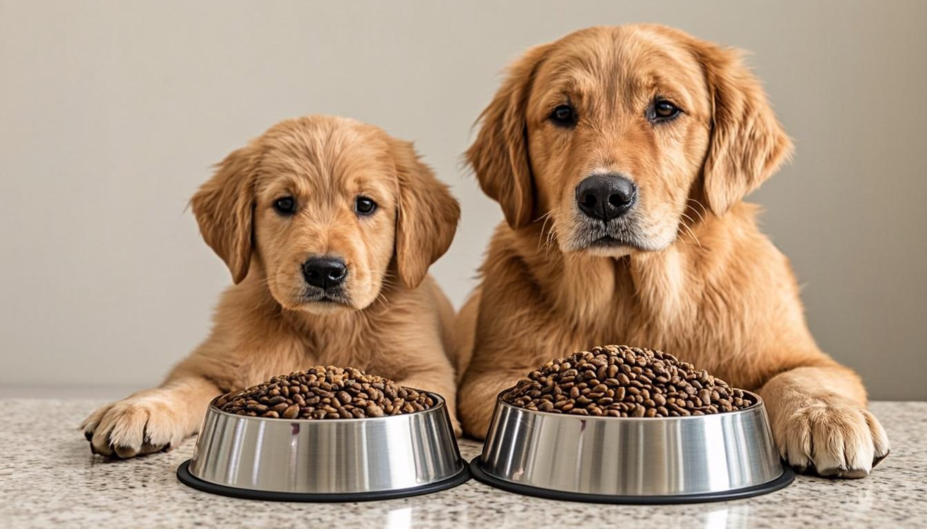 Guide showing when to switch your puppy to adult dog food with comparison of food types for different life stages
