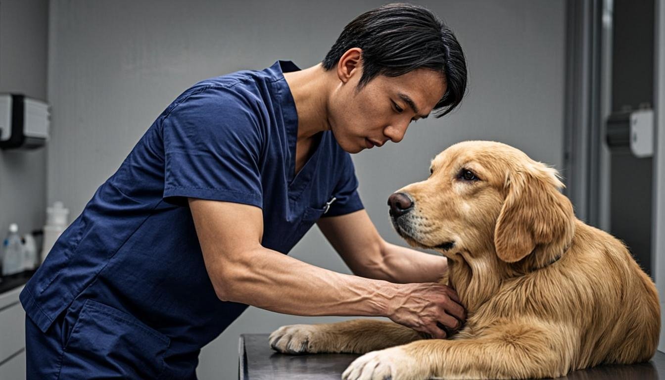 Veterinarian examining a dog for digestive health issues