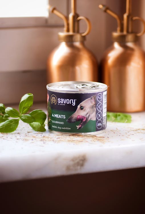 Best Dog Food UK 2026: Complete Guide to Choosing the Right Food for Your Dog Canned dog food arranged on a marble kitchen counter with copper containers