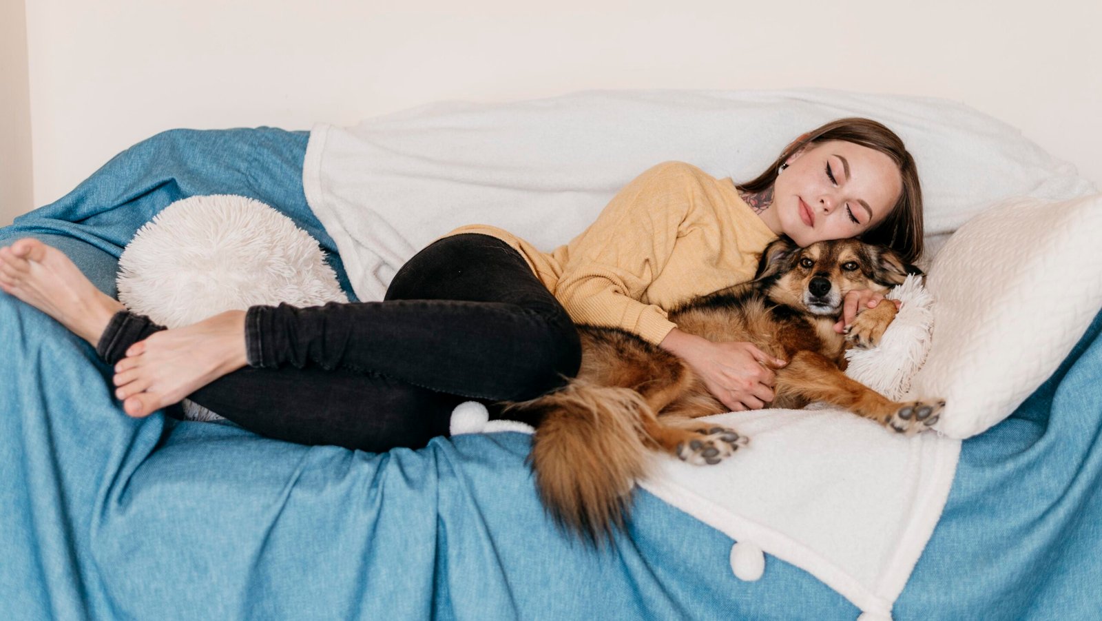 woman petting adorable dog