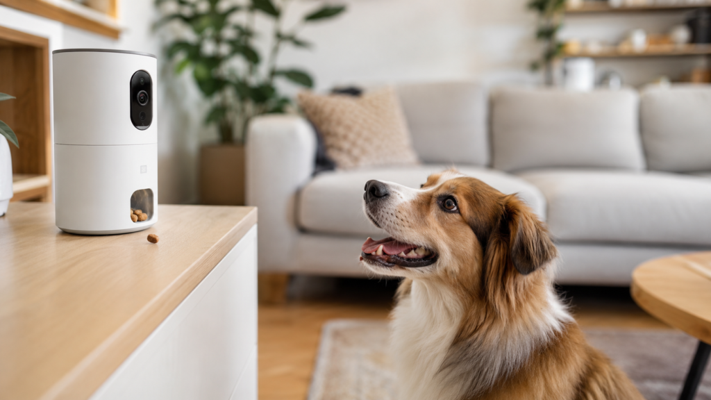 Best Pet Cameras with Treat Dispensers for Dogs (UK Review) dog at home looking at pet camera with treat dispenser