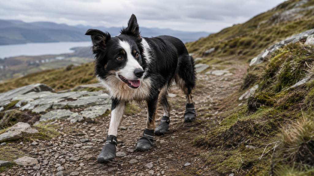 dog wearing boots on a rocky trail in the uk