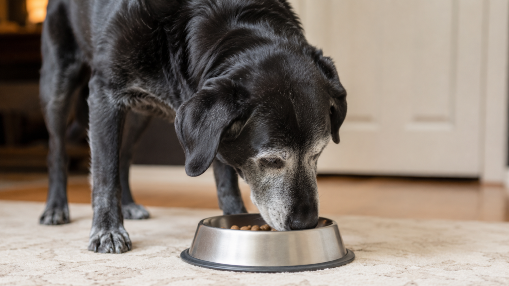 elderly dog enjoying a quiet meal