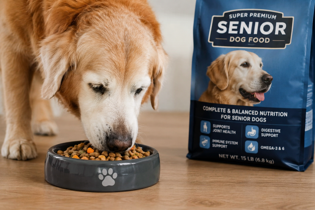 senior dog enjoying premium meal